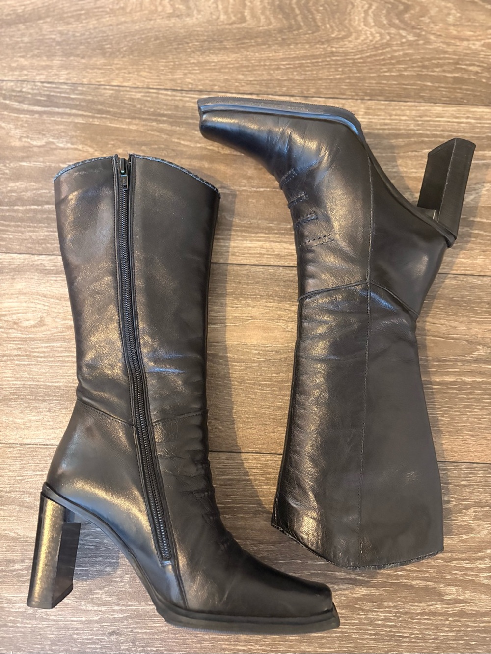 Women's Black Leather Mid-Calf Zip Block-Heel Boots size 35